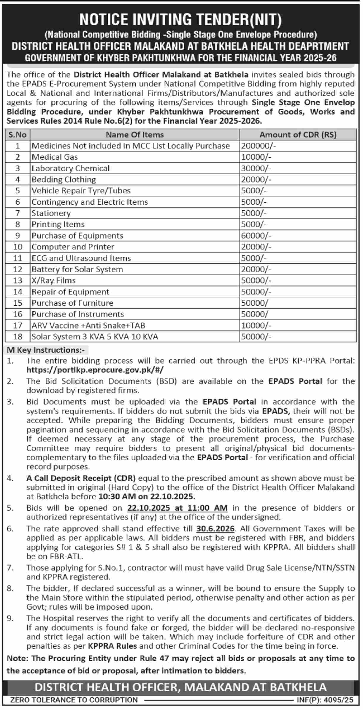 Health Department Malakand Tender Notice